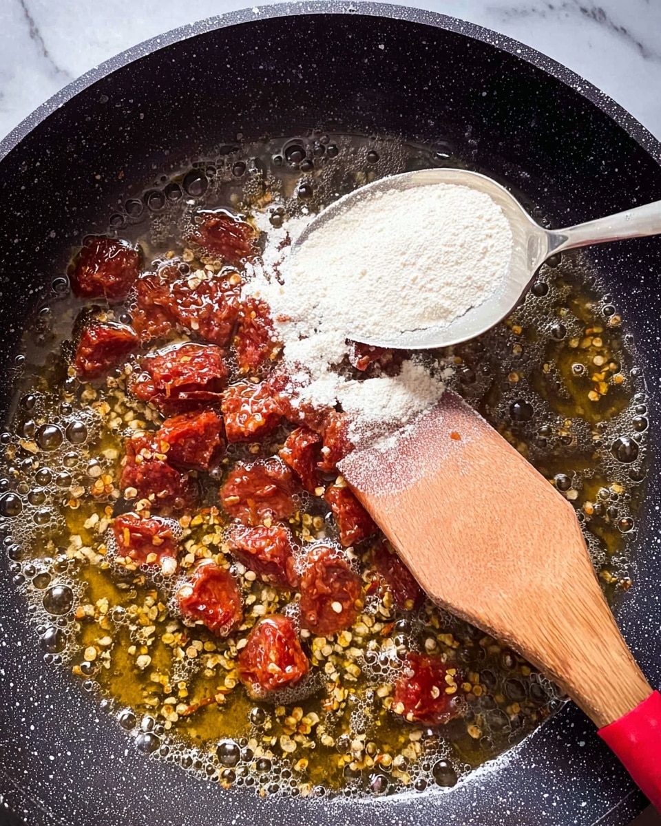 In a speckled black pan, small red chunks of sausage are frying in bubbling golden oil with finely chopped garlic scattered throughout. A wooden spoon with a reddish silicone tip rests inside the pan, holding a silver spoon above it filled with white powder, likely a seasoning or flour. The mixture shows a sizzling texture with shiny oil and textured sausage pieces. The background is a white marbled surface. photo taken with an iphone --ar 4:5 --v 7
