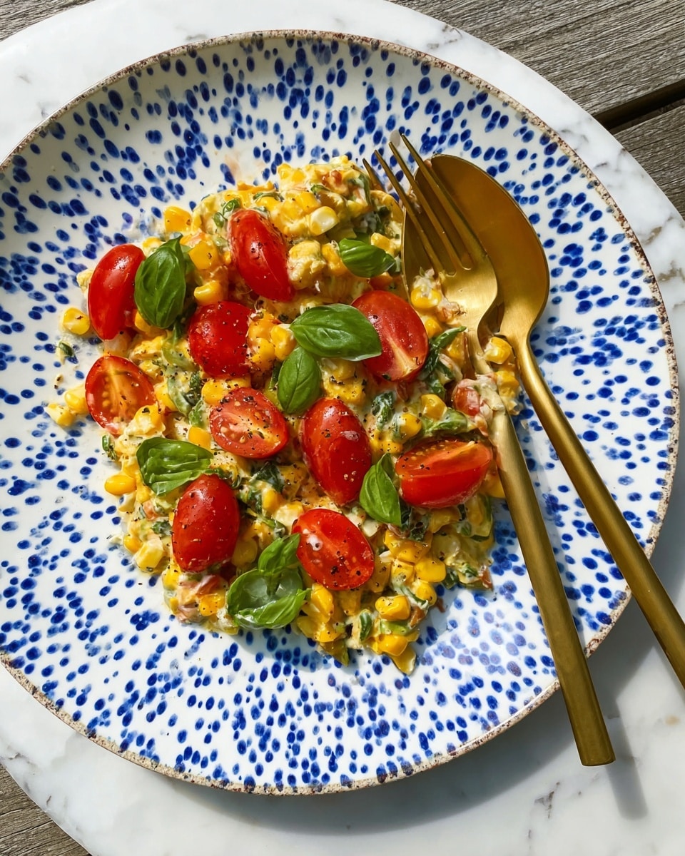 A colorful dish sits in the center of a white plate with bright blue spots. The food has a creamy yellow base mixed with green leafy pieces and yellow corn kernels, creating a soft and chunky texture. On top, there are shiny red tomato halves arranged evenly with fresh green basil leaves scattered around, adding brightness and freshness. Two gold-colored utensils, a fork and a spoon, rest on the right side of the plate, catching the light. The plate is set on a white marbled surface. photo taken with an iphone --ar 4:5 --v 7