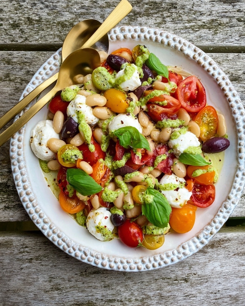 A white round plate with a beaded edge holds a colorful salad. The base layer is large pale beans with a smooth texture. Scattered on top are halved cherry tomatoes in red, orange, and yellow colors, along with dark purple olives. Soft dollops of white cheese are placed unevenly across the dish. Bright green basil leaves add fresh touches layered throughout. A light green creamy dressing is drizzled in spots, along with a darker balsamic dressing. A gold fork and spoon rest on the top edge of the plate, all set on a rough weathered wooden surface. Photo taken with an iphone --ar 4:5 --v 7
