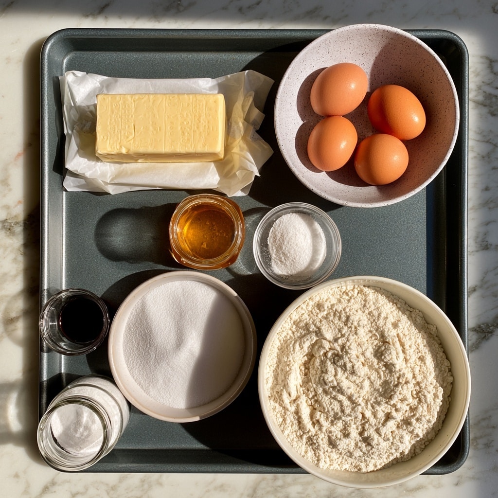 A dark gray baking tray holds seven ingredients used for baking arranged neatly on a white marbled texture surface. Starting on the top left is a stick of butter wrapped in white paper with measurement markings. Next to it on the right is a speckled light gray bowl containing four raw eggs with bright orange yolks and clear whites. Below the butter is a small glass jar filled with golden honey. To the right of the honey jar is a small clear glass bowl with a white powder, likely salt or baking powder. Beneath the honey jar is a round white bowl filled with fine white sugar, and next to it on the bottom right is a larger white bowl filled with fine white flour. Near the bottom left corner outside the baking tray is a glass jar with a white powder, likely baking soda, and next to the sugar bowl is a small clear cup of dark vanilla extract. The whole setup is viewed from above with soft natural light, with no woman's hand visible. photo taken with an iphone --ar 4:5 --v 7