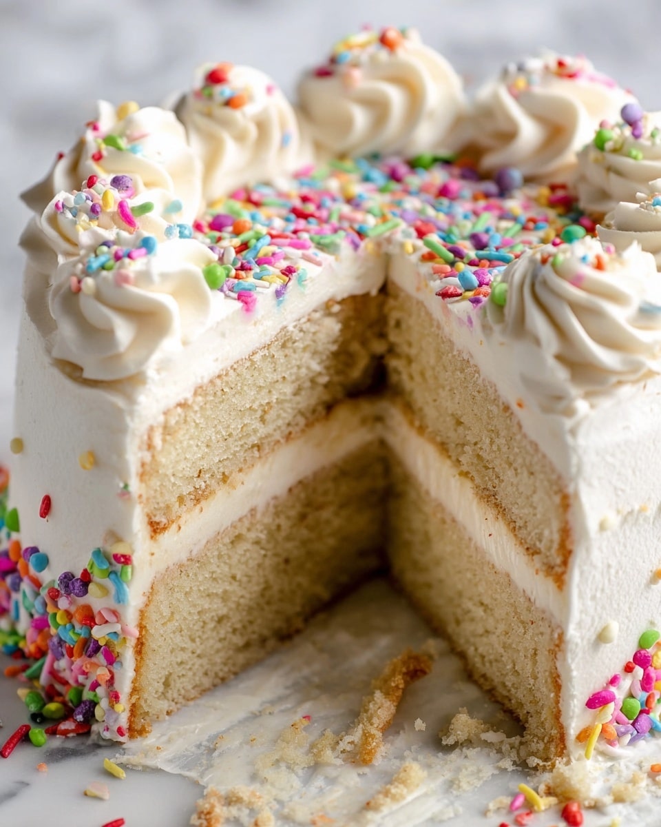 The image shows a small round cake with two visible layers covered in smooth white frosting. The bottom edge of the cake is decorated with colorful round confetti sprinkles in bright colors like yellow, pink, green, orange, blue, purple, and white. The top of the cake has several dollops of white frosting shaped like swirls, each dotted with the same colorful sprinkles. The cake sits on a white cake stand with a wooden base, placed on a white marbled surface with some sprinkles scattered around. The background is bright and plain white. Photo taken with an iphone --ar 4:5 --v 7