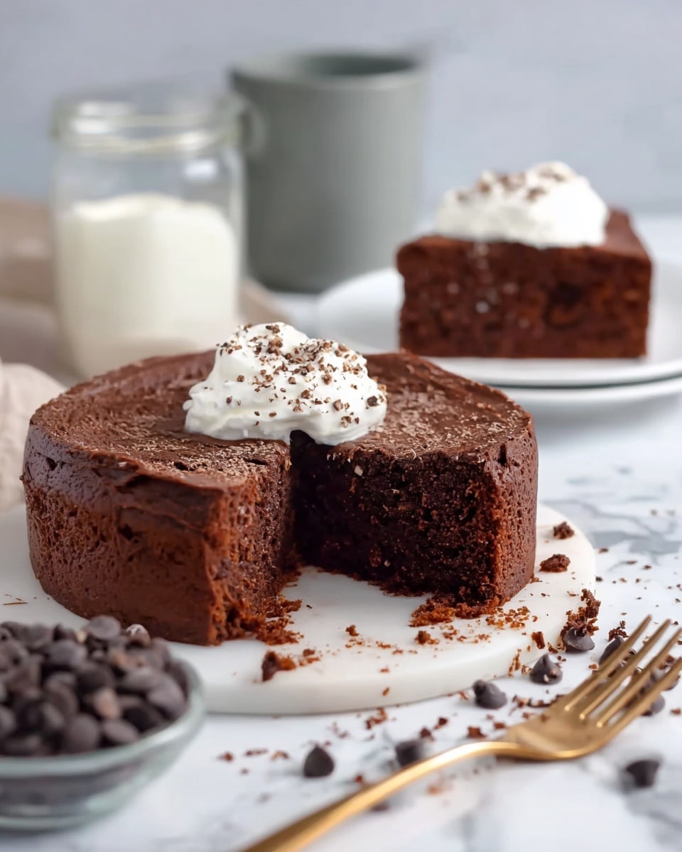 A round chocolate cake with one slice removed shows a thick, dark brown, dense texture inside. The cake is covered in smooth chocolate frosting, and on top has a dollop of white cream sprinkled with small brown chocolate flakes. The removed slice, topped with cream, sits on a white plate in the background. A gold fork with cake crumbs rests on a white marbled surface near the cake, with some scattered chocolate chips nearby. In the background, a clear bowl filled with chocolate chips and a glass jar of white cream sit beside a grey mug. photo taken with an iphone --ar 4:5 --v 7