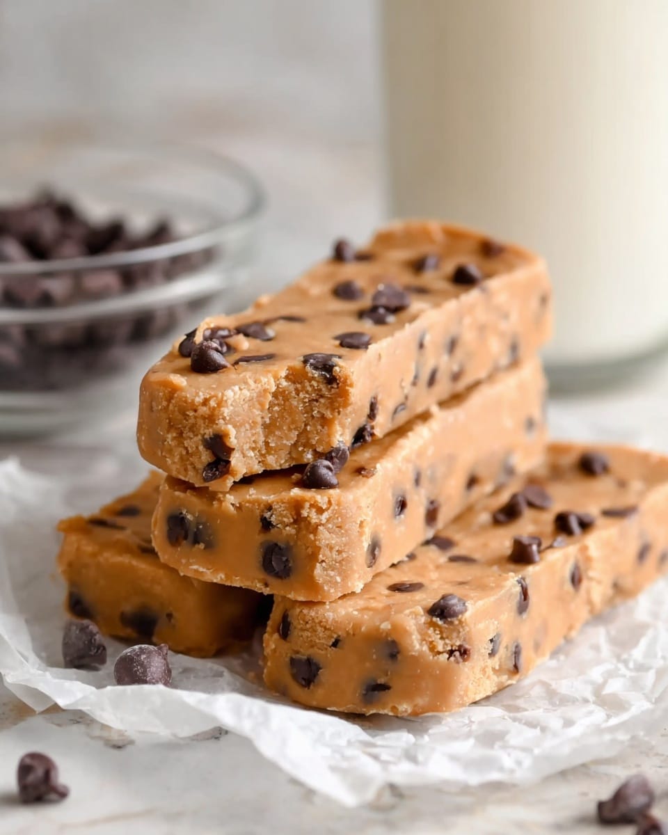 Three rectangular bars of light brown cookie dough with many small dark brown chocolate chips scattered evenly on top and inside each bar, placed side by side on a white marbled surface. The cookie dough texture looks soft and slightly crumbly. Photo taken with an iphone --ar 4:5 --v 7