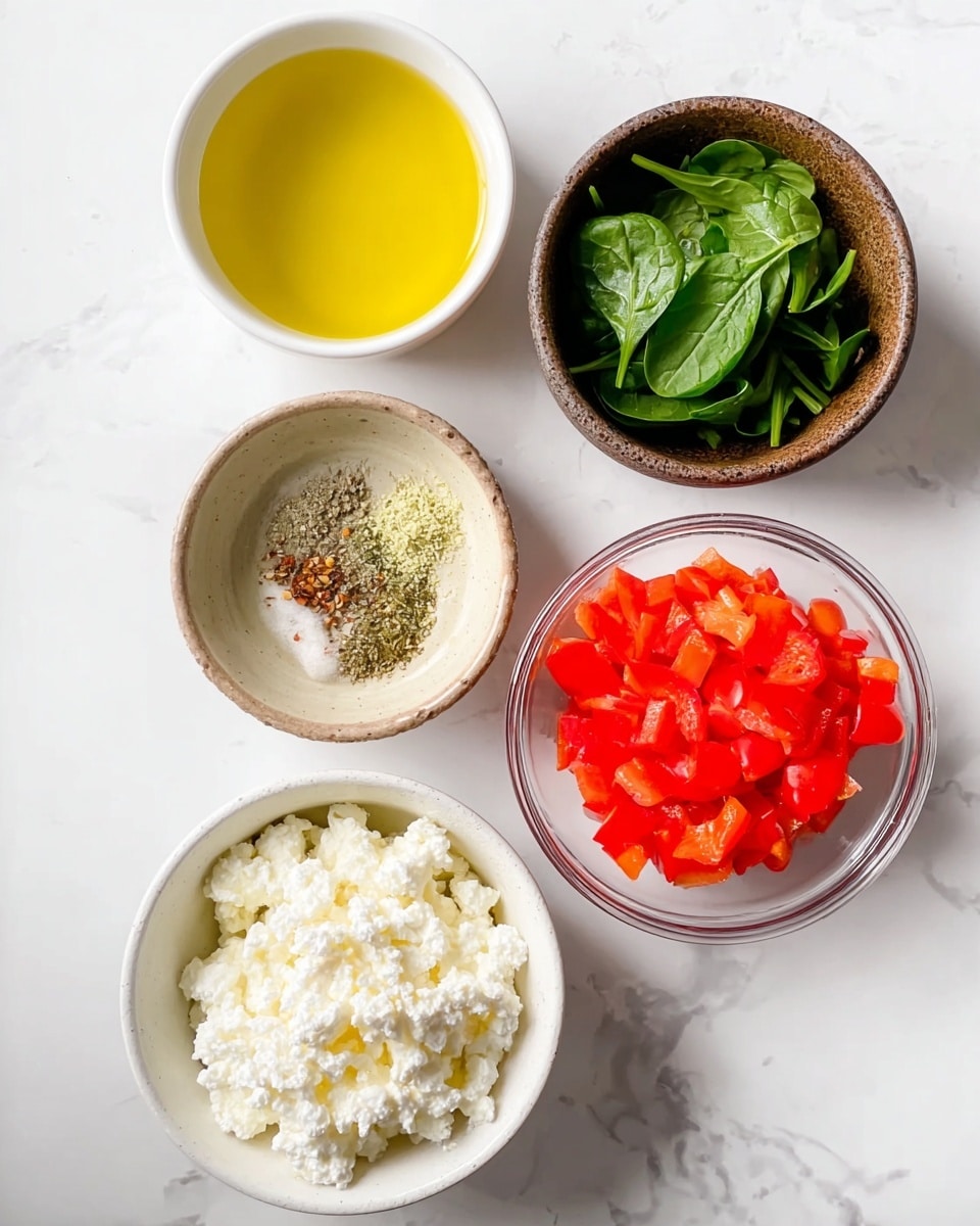 The image shows five small bowls arranged on a white marbled surface. From left to right, top to bottom, the bowls contain: bright yellow olive oil with a smooth, shiny surface and a few bubbles in a white bowl; a beige bowl with a mix of dry spices including light brown, green, and off-white granules; a brown bowl filled with white, creamy cottage cheese, lumpy in texture; a white bowl holding dark green fresh spinach leaves that look soft and slightly shiny; and a clear glass bowl with bright red chopped bell peppers, showing a glossy and crisp texture. photo taken with an iphone --ar 4:5 --v 7