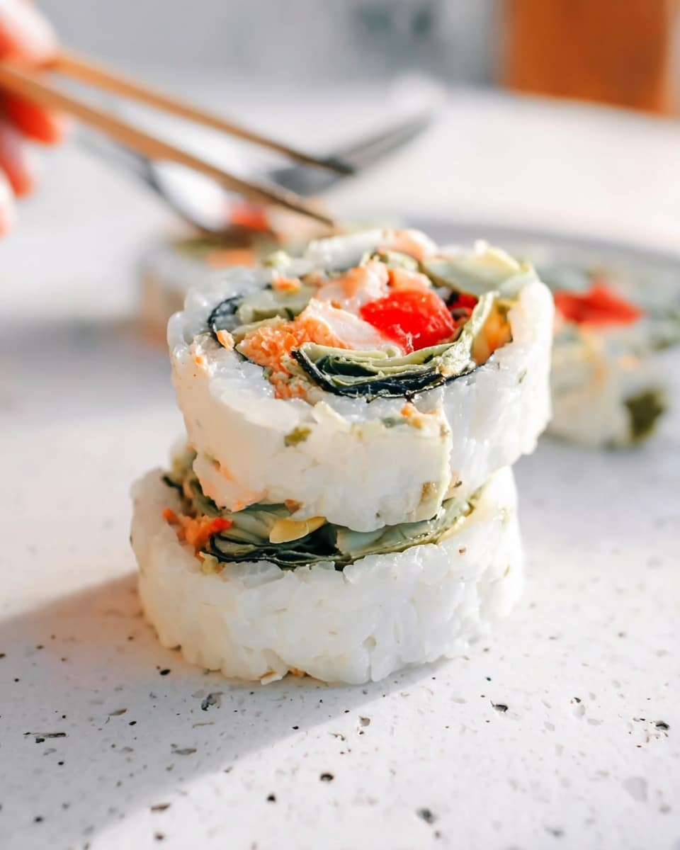 The image shows a stack of two round sushi rolls with a soft, white outer layer. Inside, there are visible layers of green leafy vegetable, vibrant orange pieces, and bright red chunks, offering a mix of colors and textures. The rolls sit on a white marbled surface with some speckled detail, and the background is also softly blurred with the same white marbled texture. A blurred fork is held by a woman’s hand near the top left corner of the image, adding a casual, close-up feel. The lighting is bright and natural, highlighting the freshness of the ingredients photo taken with an iphone --ar 4:5 --v 7
