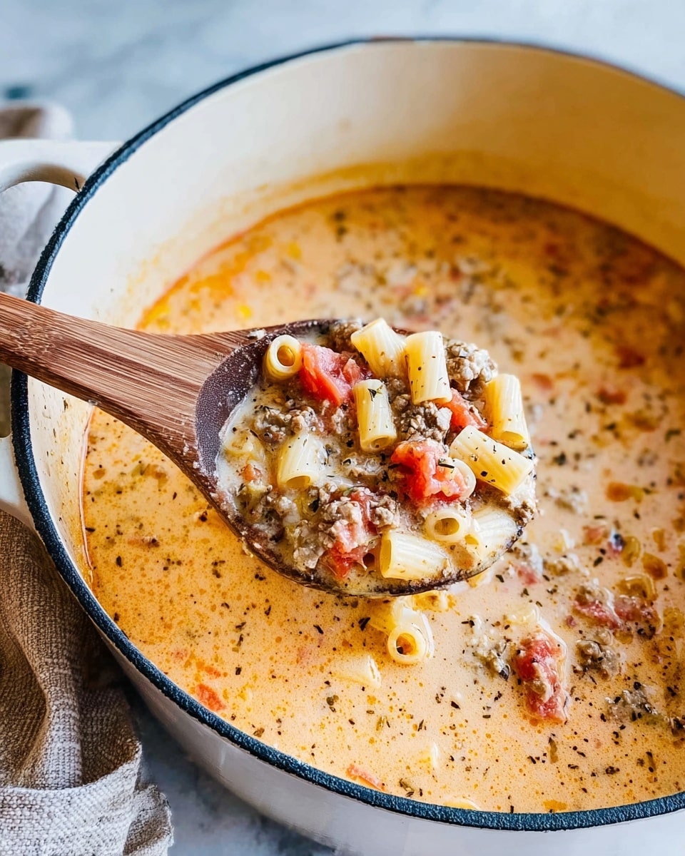 The image shows a white pot with a thin black rim, filled with a creamy soup that has a light orange color and visible specks of black pepper and herbs. A wooden spoon is lifting a portion of the soup, displaying layers of small tube-shaped pasta, ground meat in small pieces, and chunks of red tomato mixed in the creamy broth. The soup has a smooth texture with some small bits floating, and the pot rests on a white marbled surface with a cloth partially visible nearby. photo taken with an iphone --ar 4:5 --v 7