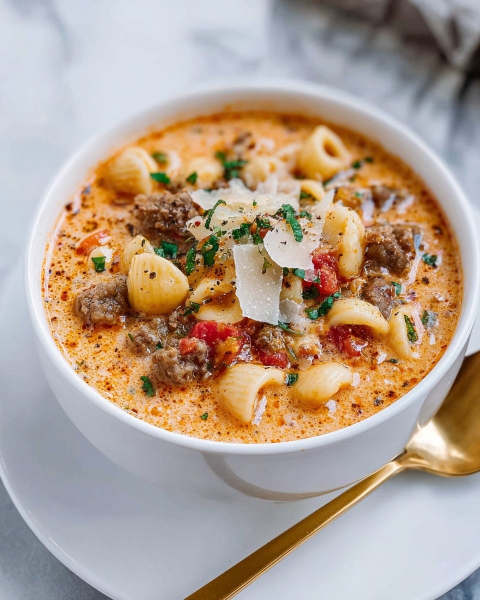 A white bowl filled with creamy soup showing three main layers: a light orange creamy broth base with specks of red and black pepper, middle layer of small pasta rings and ground meat pieces mixed with bits of red tomatoes, and topped with light yellow cheese shavings and small green parsley leaves for garnish. A gold spoon rests inside the bowl, scooping a mix of pasta, meat, and cheese. The bowl sits on a white marbled surface. photo taken with an iphone --ar 4:5 --v 7