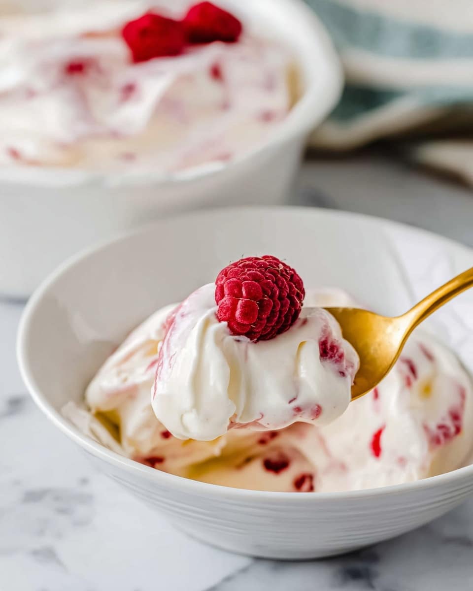 A close-up view of a creamy white mixture with small, dark red berry pieces mixed inside and scattered on top, showing a smooth, soft texture with gentle swirls. The mixture is served in a white bowl, with a few whole frozen dark red berries placed decoratively on the surface. The background and surface beneath the bowl feature a white marbled texture. Photo taken with an iphone --ar 4:5 --v 7