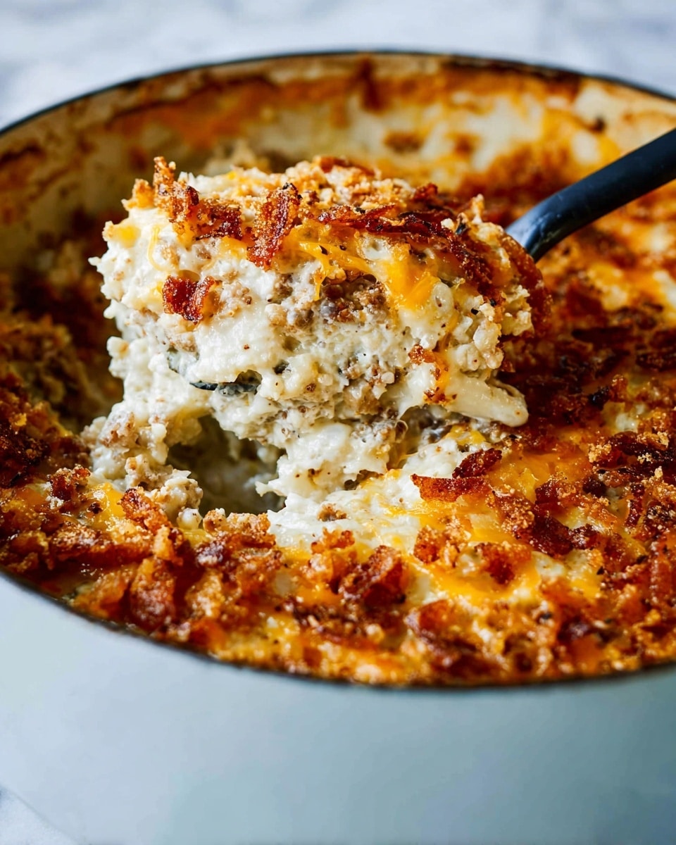 A serving of layered casserole sits on a stack of white plates with a golden fork resting on the right side of the top plate. The bottom layer is creamy and pale, mixed with small bits of browned ground meat that add texture and color. Above this is a melted cheese layer, vibrant orange and golden-brown, with crispy, thin fried onions scattered on top, adding crunchy texture and a slightly darker orange hue. The dish is presented on a white plate with a white marbled surface underneath, creating a clean and bright setting. photo taken with an iphone --ar 4:5 --v 7