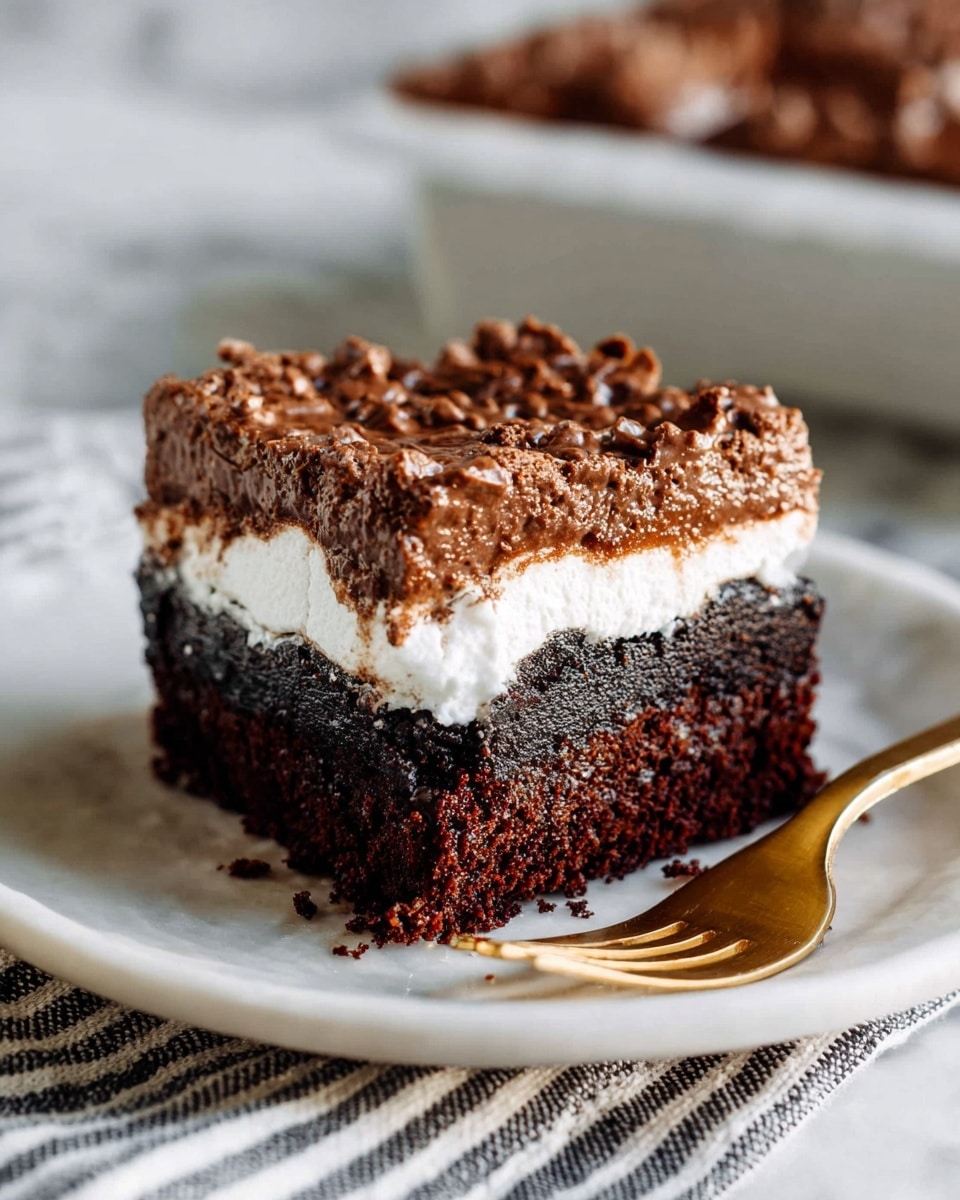 A three-layer chocolate dessert is shown on a white plate placed on a white marbled surface with a striped cloth underneath. The bottom layer is a deep dark brown, moist brownie with a dense texture. The middle layer is a thin, white, fluffy marshmallow filling, adding a soft contrast. The top layer is a lighter brown, slightly rough chocolate crust with visible small chunks and a rich, textured appearance. A gold fork is placed on the right side of the plate. Photo taken with an iphone --ar 4:5 --v 7