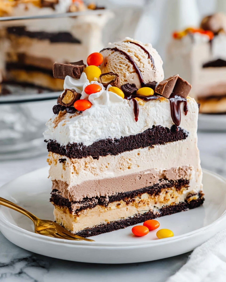 A slice of layered ice cream cake on a white plate with a gold fork beside it shows four main layers starting from the bottom: a light tan ice cream layer, a thin dark chocolate cookie layer, a thick milk chocolate ice cream layer, another dark chocolate cookie layer, a creamy white ice cream layer, and finishing with a thin dark chocolate cookie layer topped with fluffy white whipped cream. On top, there is a scoop of light tan ice cream with a drizzle of chocolate syrup, decorated with small bright orange and yellow candy pieces and small chocolate pieces including a mini peanut butter cup. The background has a white marbled surface with a glass cake container blurred behind. Photo taken with an iphone --ar 4:5 --v 7