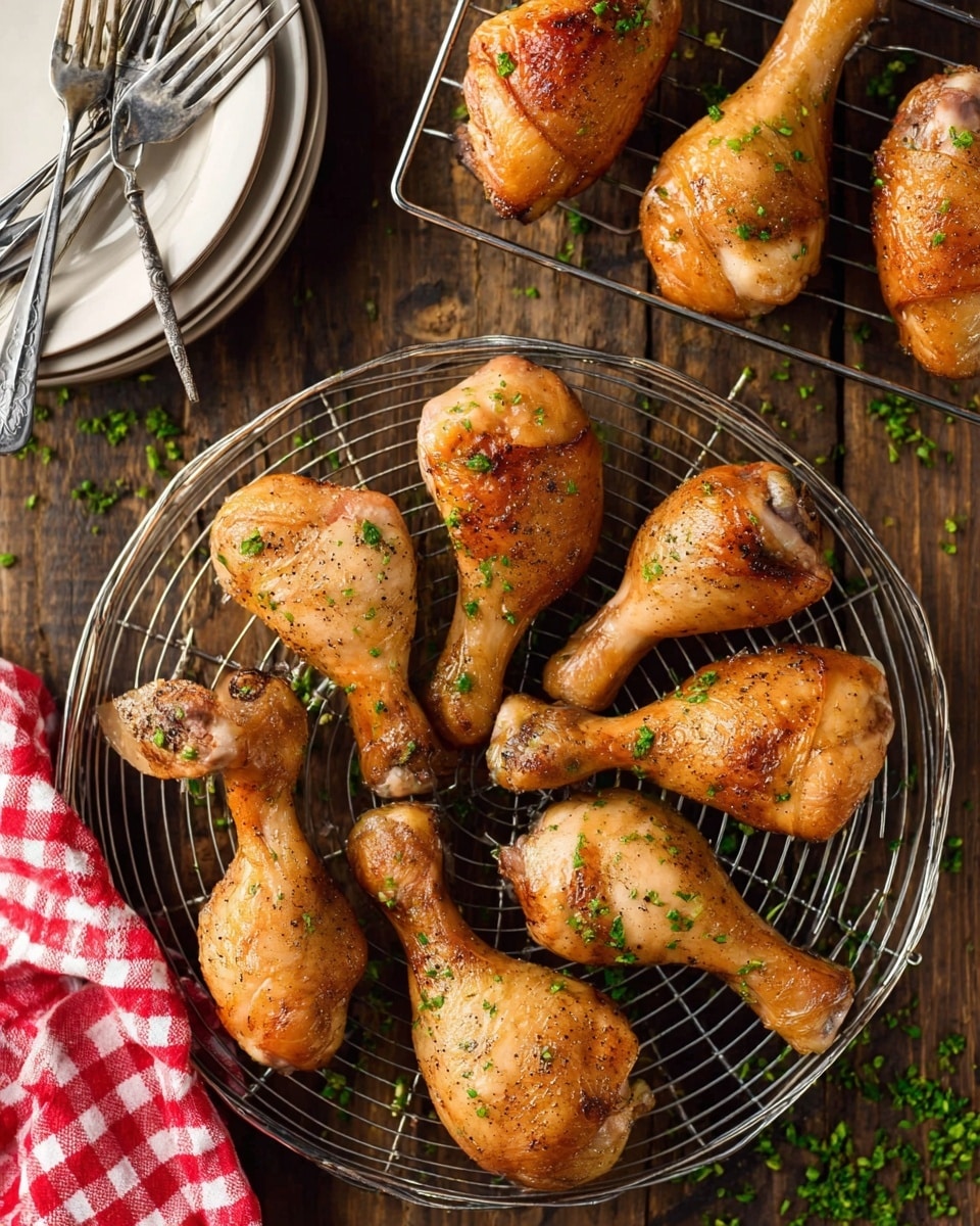 Seven roasted chicken drumsticks with golden brown skin and small green herb sprinkles are arranged in a circle on a round silver wire rack, placed on a dark wooden surface. Above them, four more drumsticks hang vertically on a metal stand, showing the same golden color and herbs. To the left, part of a stack of white plates with silver forks is visible, and a red and white checkered cloth is on the wooden surface near the bottom left corner. Small green herb bits are scattered around for garnish. Photo taken with an iphone --ar 4:5 --v 7