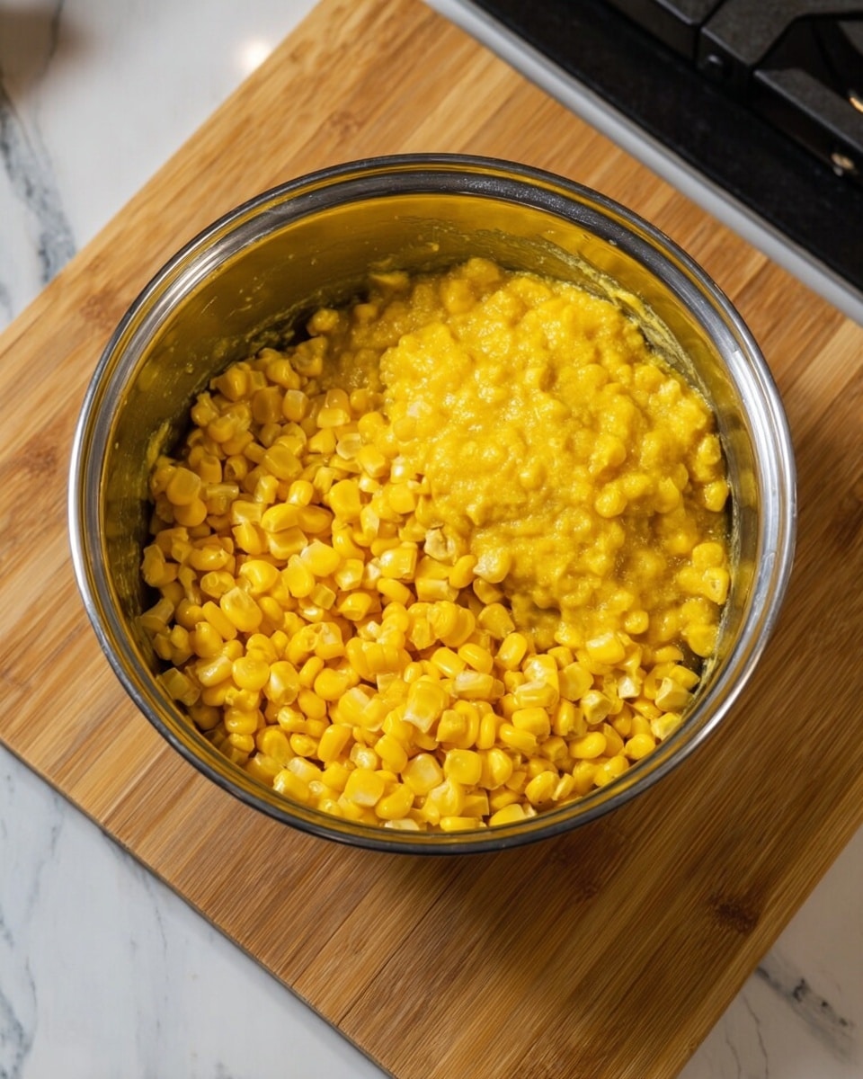 A white plate holds a serving of baked corn casserole with two visible layers: the bottom layer is soft, creamy corn with a pale yellow color, visible corn kernels, and small green parsley bits scattered over it, while the top layer is a thick, golden brown breadcrumb crust with a slightly crunchy texture. A wooden spoon lifts a portion, showing the soft corn layer under the crumb topping. The plate sits on a stack of other white plates, placed on a white marbled surface, and the background shows a white casserole dish with more of the same dish prepared inside. photo taken with an iphone --ar 4:5 --v 7