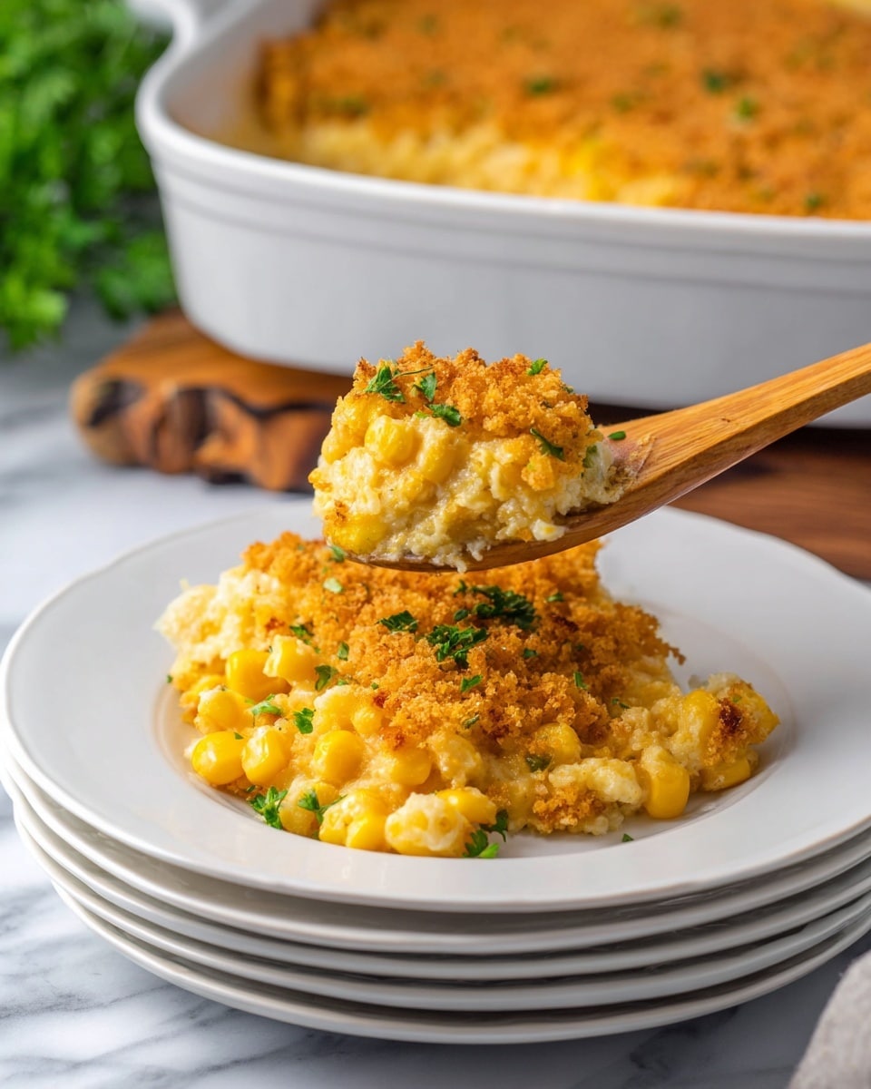 The image shows a white oval baking dish filled with baked corn casserole. The top layer is golden-brown and crispy with a crumbly texture, sprinkled lightly with small green herb pieces. A wooden spoon lifts a portion, revealing the inside made of creamy, soft layers of yellow corn kernels mixed with a smooth, cheesy texture. The dish is placed on a white marbled surface with a colorful striped cloth beneath part of the dish; there are blurred white plates and gold forks in the background. photo taken with an iphone --ar 4:5 --v 7