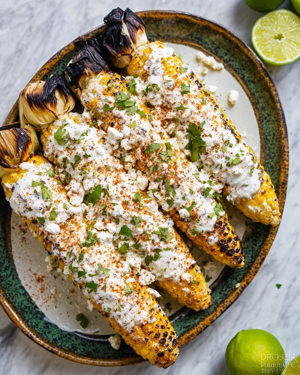 Four grilled corn cobs are placed side by side on a white plate with a rustic, dark green edge. Each corn cob has a layer of creamy white sauce spread on top, sprinkled with crumbled white cheese and small green herb leaves. Light reddish-brown spices are dusted over the sauce. The corn grains show some dark char marks and golden-yellow color. The plate is on a white marbled surface with two green lime halves nearby. photo taken with an iphone --ar 4:5 --v 7