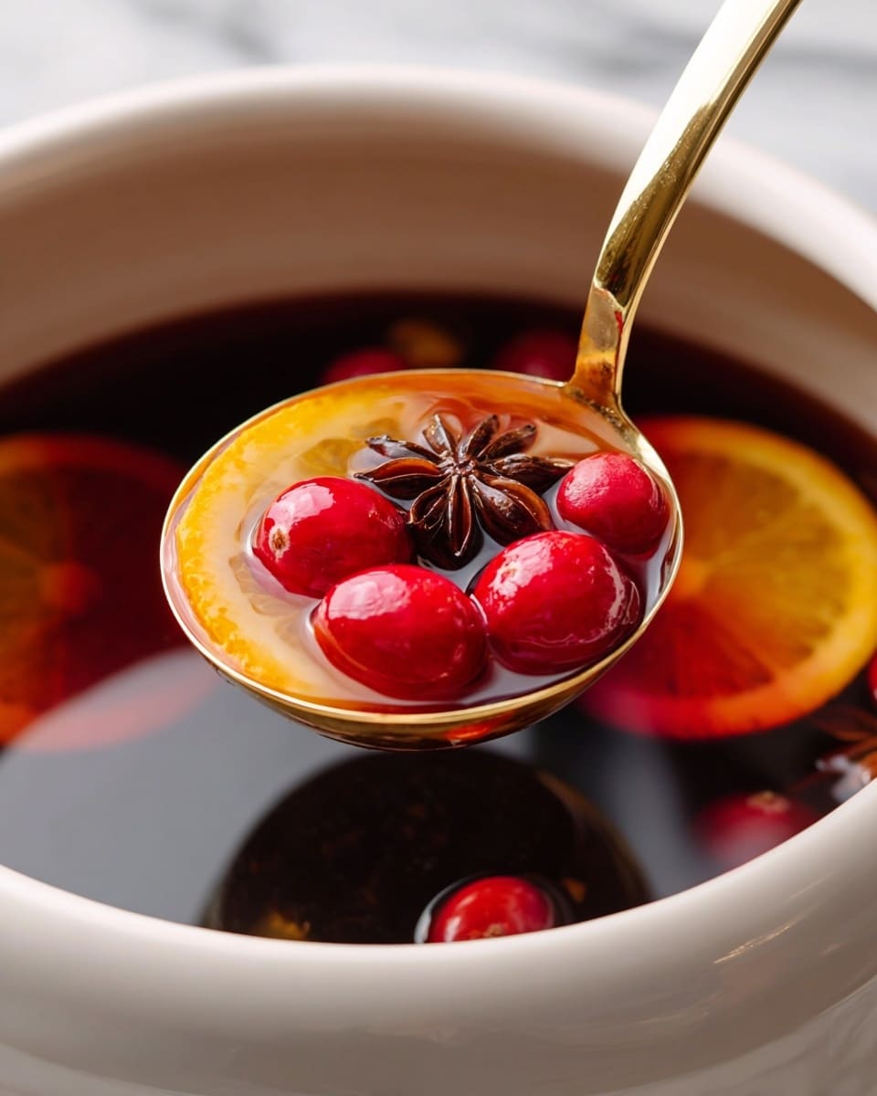 A white oval dish holds a dark brown liquid with floating bright red cranberries scattered on top and some inside a golden ladle held by a woman's hand in the bottom right corner. There are five round orange slices evenly spaced under the cranberries, adding a warm contrast. Among the fruit are star anise and a whole cinnamon stick floating on the surface, adding texture and a rich brown color. The dish sits on a white marbled surface, giving a clean and bright background. photo taken with an iphone --ar 4:5 --v 7