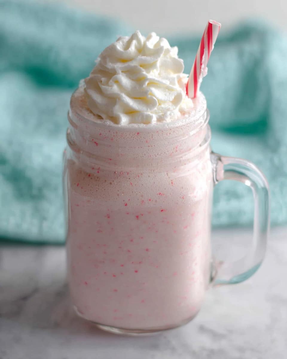 A clear glass mug filled with a light pink creamy drink that has small tiny specks inside it. The drink fills the mug almost to the top and is topped with a big swirl of white whipped cream. A red and white striped straw sticks out from the whipped cream near the side. The mug sits on a white marbled surface with a soft turquoise cloth blurred in the background photo taken with an iphone --ar 4:5 --v 7