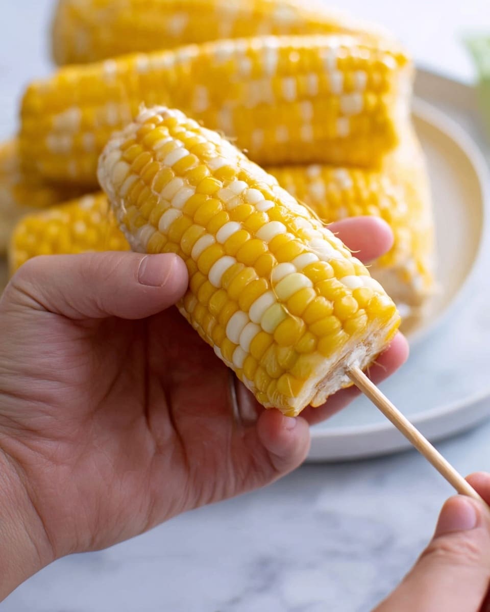 A piece of corn on the cob on a stick is held by a woman's hand at the bottom. The corn is covered with a thick layer of crumbled white cheese, sprinkled unevenly with red chili powder, giving a mix of white and red colors across the surface. The kernels of yellow corn peek out slightly through the cheese in some areas. The background is a soft white marbled texture, with a blurred object in the far back. photo taken with an iphone --ar 4:5 --v 7
