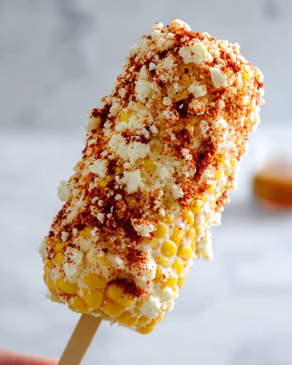 The image shows four ears of corn on white wooden sticks arranged on a white plate with a blue floral pattern. Each ear of corn is fully covered with small white crumbly cheese and sprinkled with a reddish brown spice on top in thin lines. Bright yellow corn kernels peek through the cheese layer. There are three green lime wedges and some cilantro leaves placed around the corn on the plate. The plate is set on a white marbled surface. The photo taken with an iphone --ar 4:5 --v 7
