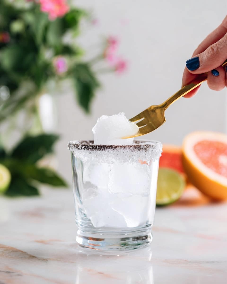 Two clear glass cups filled with white, icy liquid on a dark wooden tray are shown, each glass decorated with a small slice of pink and orange grapefruit on the rim. The liquid is topped with small ice cubes, giving it a cold, refreshing look. In front on the white marbled surface, there are pieces of lime and grapefruit along with a copper spoon with a twisted handle. A woman's hand with blue nail polish and a gold bracelet is reaching to hold the glass in front. Next to the glasses on the tray are red and yellow flowers. In the background, a lime, a white pot with a green plant, and a halved grapefruit appear slightly blurred. photo taken with an iphone --ar 4:5 --v 7