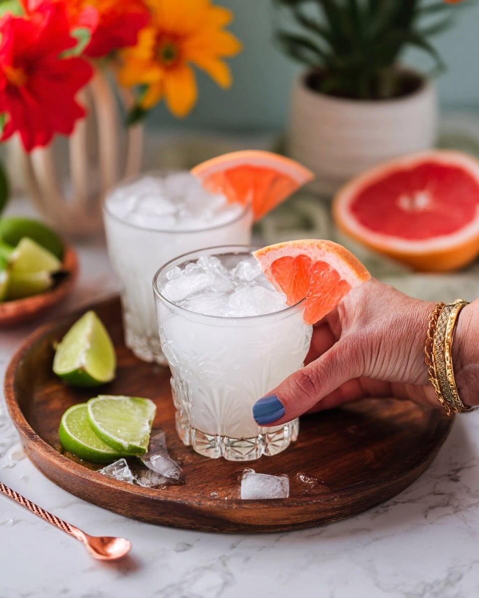 Two clear glasses filled with white icy drink sit on a dark wooden octagon tray. Each glass has many small ice cubes and a pink grapefruit wedge on the rim as garnish. On the tray near the glasses, there is a small bunch of green leaves with red and yellow flowers. The tray rests on a white marbled surface. Nearby on the surface are pink grapefruit and lime wedges and a shiny rose gold spoon. The background shows a blurred white pot with a green plant and some more grapefruit pieces. Photo taken with an iphone --ar 4:5 --v 7