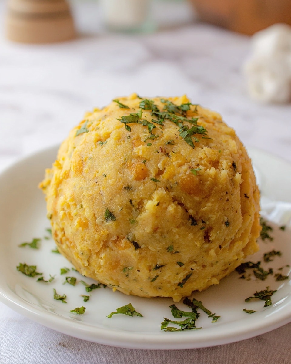 A round ball of yellowish mashed food with small green herb pieces on top sits in the middle of a white bowl. The ball has a crumbly, soft texture with small bits and spots of darker colors. Surrounding the ball is a layer of dark red beans in red sauce, filling the bowl up to the sides. The overall look is warm and inviting, with the white bowl resting on a white marbled surface. Photo taken with an iphone --ar 4:5 --v 7