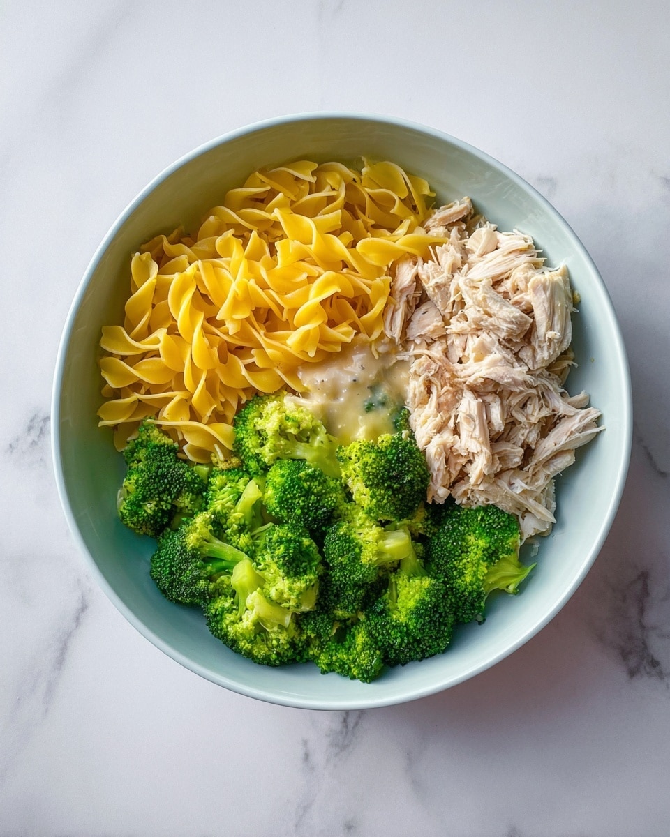 A round white bowl holds four clear sections of food on a white marbled surface. The left section has yellow twisted pasta with a smooth texture. The top right section has small pieces of cooked white chicken with a slightly shredded look. The lower right section is full of bright green broccoli florets with a fresh, slightly rough texture. In the middle, a small amount of creamy light beige sauce spreads over some pasta and chicken. Photo taken with an iphone --ar 4:5 --v 7