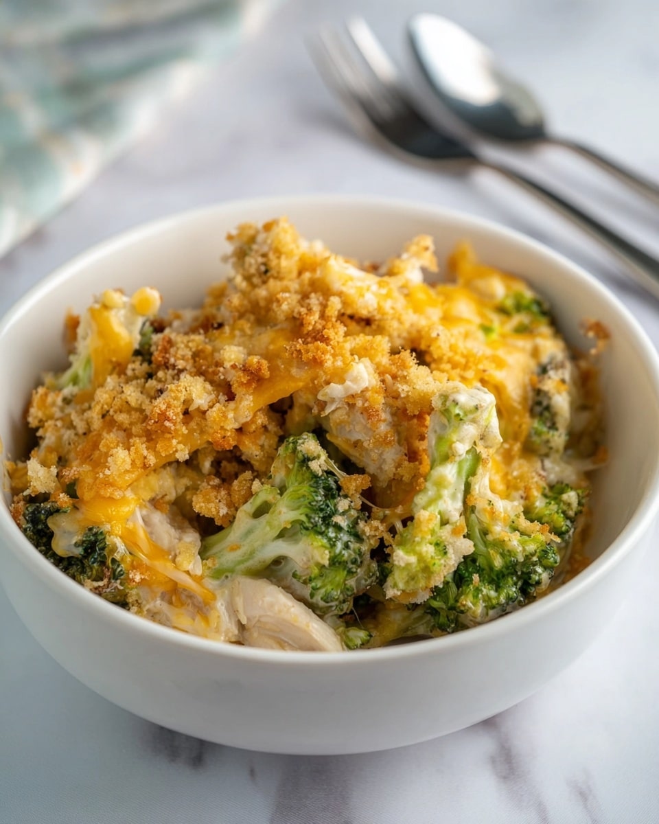 A white baking dish with colorful flower designs on the side holds a layered casserole on a white marbled surface. The bottom layer consists of cooked broccoli florets in green, mixed with chunks of light-colored chicken. Above that, there are wide yellow egg noodles interspersed with the broccoli and chicken. The top layer is a thick, golden brown crumb topping that looks crispy and crumbly, covering the entire surface of the casserole evenly. The casserole is displayed in a close-up view with soft natural light. Photo taken with an iphone --ar 4:5 --v 7