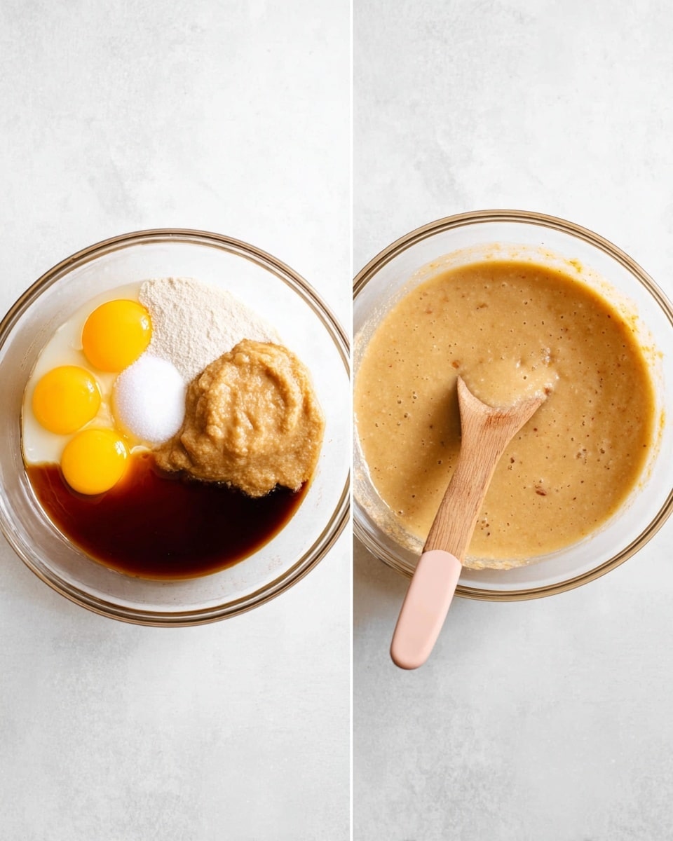 Two clear glass bowls sit on a white marbled surface. The bowl on the left shows raw ingredients layered separately: four raw egg yolks near the top left, a light beige thick paste near the center, white sugar on the bottom left, and dark brown liquid along the right edge. The bowl on the right contains a smooth, light brown batter with small air bubbles throughout. Inside this bowl, a wooden spoon with a pale pink silicone head rests partially submerged on the right side. Photo taken with an iphone --ar 4:5 --v 7