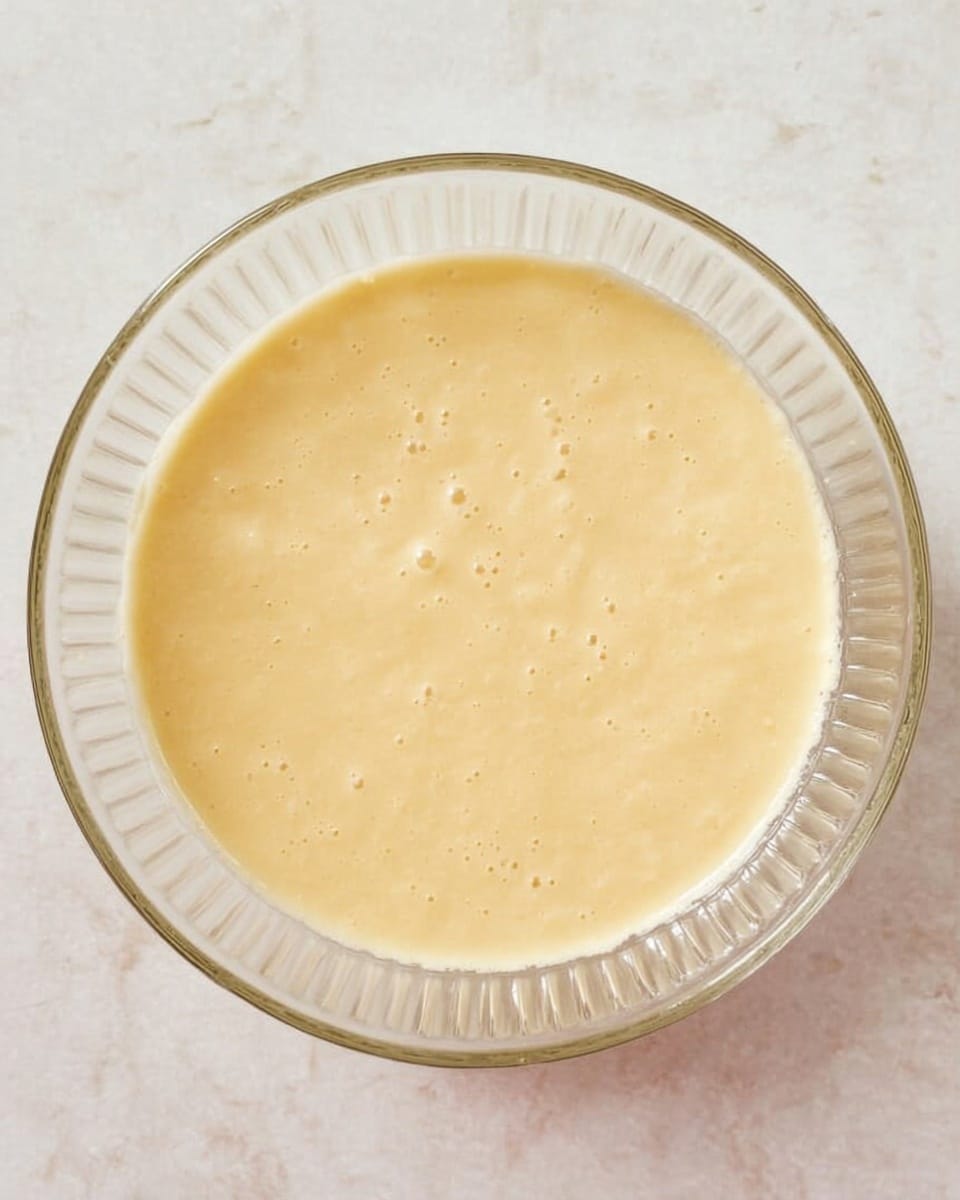 The image shows two clear glass bowls placed side by side on a white marbled surface. The left bowl contains a smooth, shiny orange-brown liquid batter with a few tiny bubbles on the surface, filling about half of the bowl. The right bowl holds a thicker batter in a deeper brown shade, with visible swirling patterns made by a white spatula that is partially dipped into the mixture, lifting a bit of the thick batter. Photo taken with an iphone --ar 4:5 --v 7