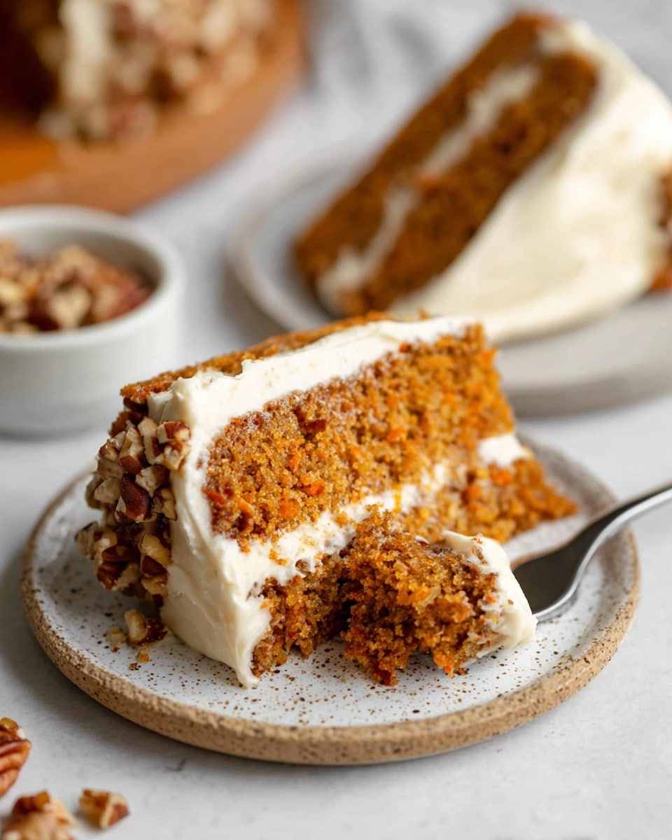 A slice of two-layered carrot cake with a thick layer of creamy white frosting between and on top of the orange-brown cake layers is shown on a white speckled plate placed on a white marbled surface. The cake slice has chopped nuts pressed into the frosting on the side, adding texture and color. A fork holding a bite-sized piece of the cake is partially inserted into the front of the slice, showing the moist, crumbly texture of the cake. In the blurred background, there is another piece of cake on a white plate and a small bowl of chopped nuts. Photo taken with an iphone --ar 4:5 --v 7