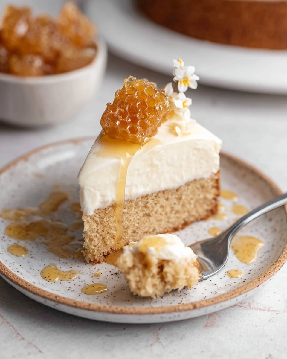 A slice of light brown cake with a soft, crumbly texture forms the bottom layer, topped by a thick, smooth white cream layer. On top of the cream, there is a small honeycomb piece with a shiny honey glaze dripping slightly down the sides. The cake sits on a white plate with speckled patterns, decorated with a drizzle of honey around the cake. In the foreground, a fork holds a small piece of the cake with cream on top. The background shows a bowl filled with more honeycomb pieces on a white marbled surface. Photo taken with an iphone --ar 4:5 --v 7
