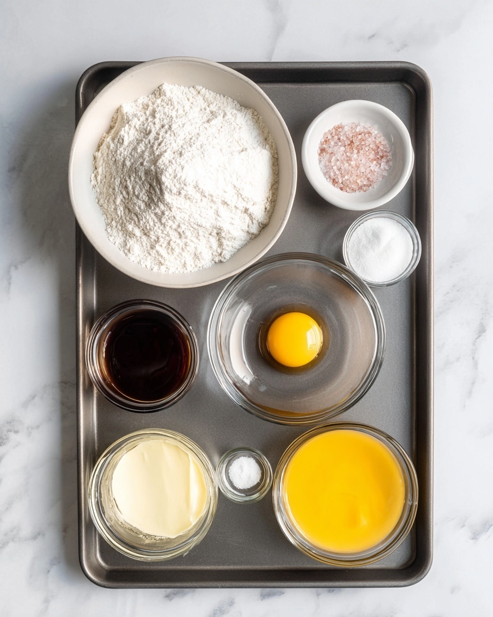 A dark gray metal tray holds seven small bowls with different cooking ingredients arranged neatly on a white marbled surface. At the top left is a white bowl filled with white flour, which is the largest bowl. To the right is a small white bowl with a mix of white and pink salts. Below the flour is a clear glass bowl with a single raw egg showing its bright yellow yolk. To the right of the egg is a clear round glass bowl full of white sugar. Next to the sugar is a very small clear glass bowl with dark brown liquid, likely vanilla extract. Below the sugar and vanilla is a small white bowl filled with bright yellow melted butter. Finally, to the left of the butter is a clear glass jar with some light cream or milk. Each bowl shows the texture of its ingredient, from powdery flour to smooth liquids and granulated sugar. photo taken with an iphone --ar 4:5 --v 7