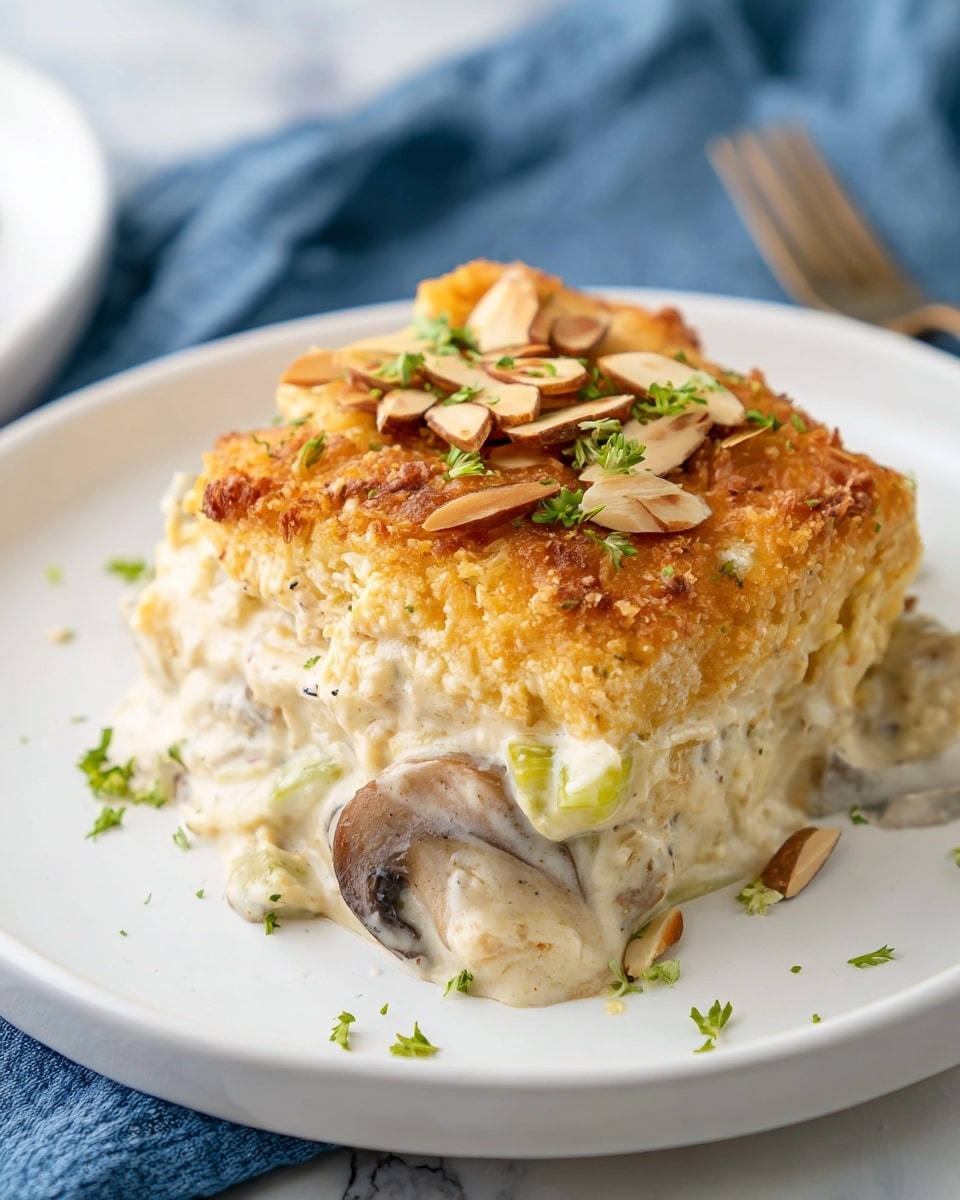 A close-up of a white plate with a two-layer dish sits on a white marbled surface, topped with a slightly golden, textured crust sprinkled with sliced almonds and small green herb bits. The top layer is a thick baked golden cheese mix with a crispy texture, beneath it a thick creamy mixture of sliced mushrooms, celery, and light sauce with visible small dark specks evenly spread. The plate edges are clean and the dish is centered with a blue cloth under the plate. Photo taken with an iphone --ar 4:5 --v 7