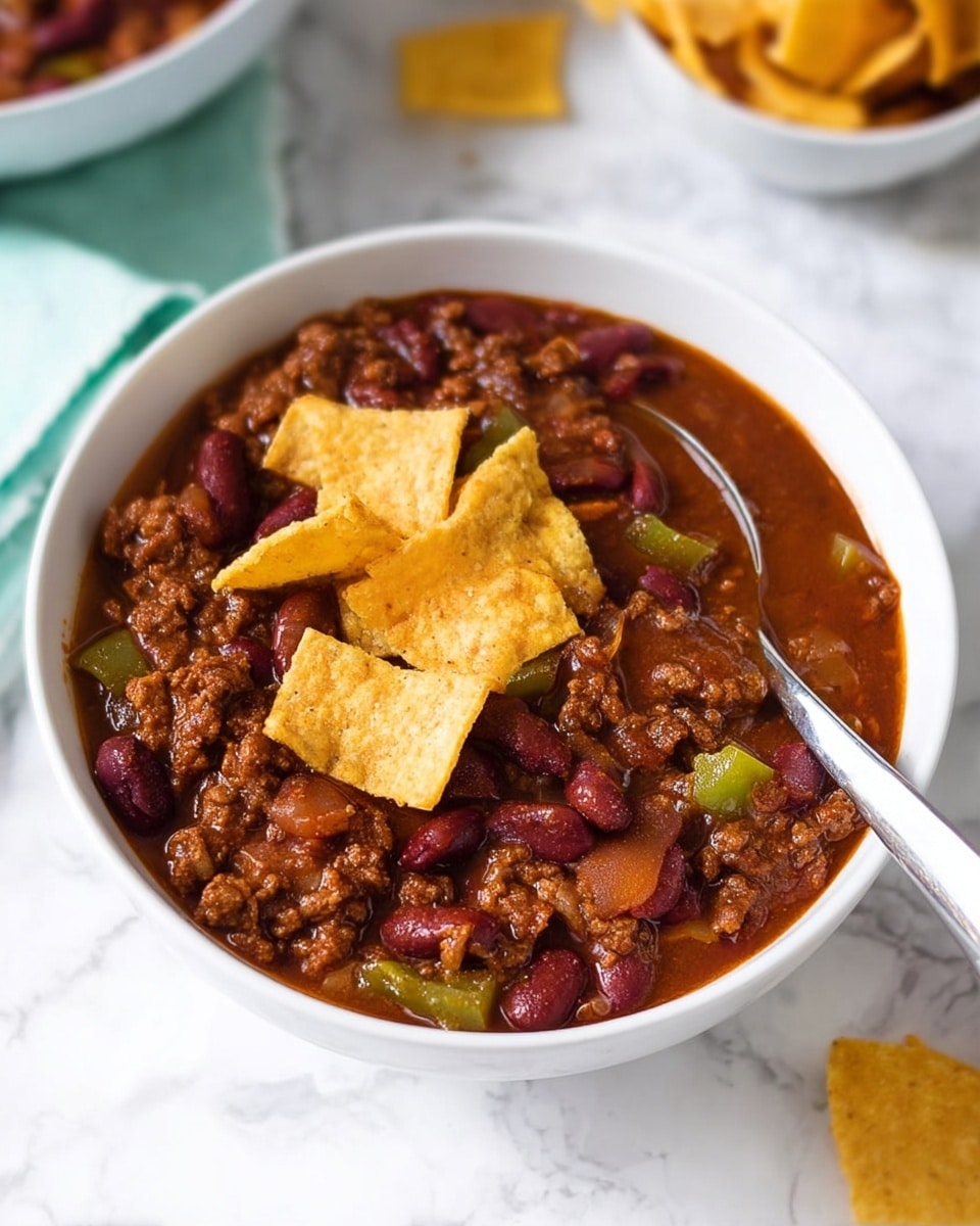 A white bowl filled with thick chili made of dark red kidney beans and browned ground meat in a rich brown sauce, with a silver spoon resting inside the bowl; the bowl is placed on a white plate next to a large piece of golden yellow cornbread with a crumbly texture, and some light brown crispy chips scattered beside the cornbread, all set on a white marbled surface with a folded light blue cloth underneath the plate, and another white bowl of chili blurred in the background photo taken with an iphone --ar 4:5 --v 7