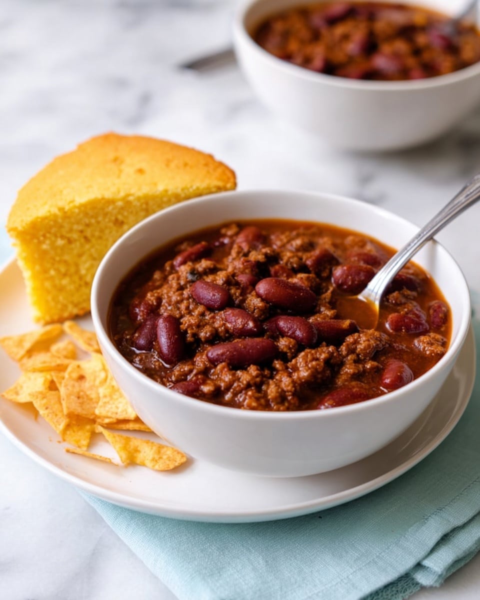 A white bowl filled with thick chili showing mixed kidney beans, ground meat, and green pepper pieces in a rich dark reddish-brown sauce. Four yellow crispy chips sit on top of the chili as a garnish. A metal spoon is placed inside the bowl at the edge. The bowl is set on a white marbled surface with a blurred background that includes a white bowl containing more chili and some yellow chips. photo taken with an iphone --ar 4:5 --v 7