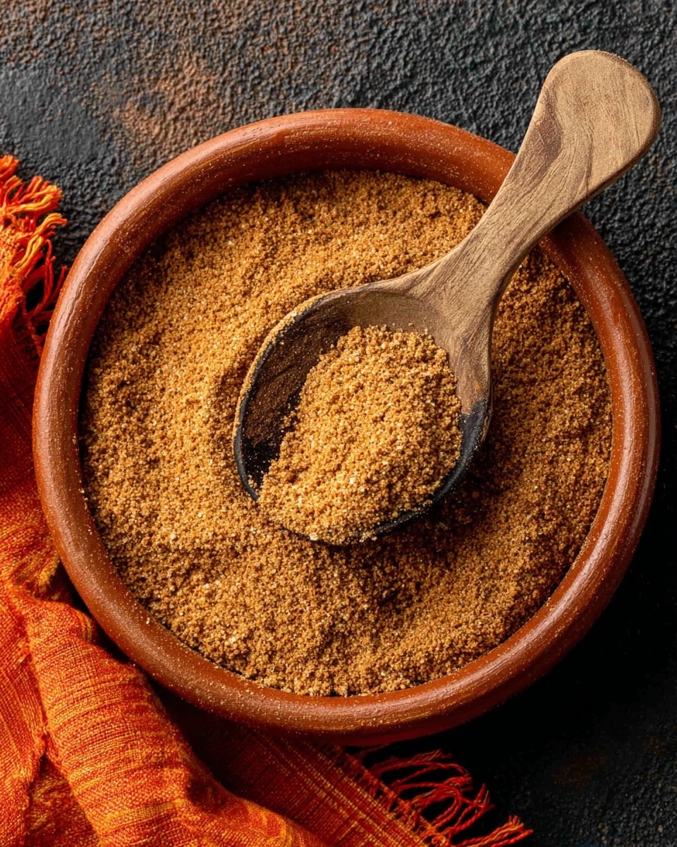 The image shows a light brown powdery spice mix filling a round orange clay bowl placed on a dark textured surface with an orange fringed cloth nearby. The spice has a rough, sandy texture with small granules visible, and a wooden spoon rests on top of the spice inside the bowl, holding a scoop of the spice. The wooden spoon has a pale brown color with dark grain lines and curves gently to hold the spice. The bowl's rim is smooth and thick, adding a rustic look to the scene. photo taken with an iphone --ar 4:5 --v 7