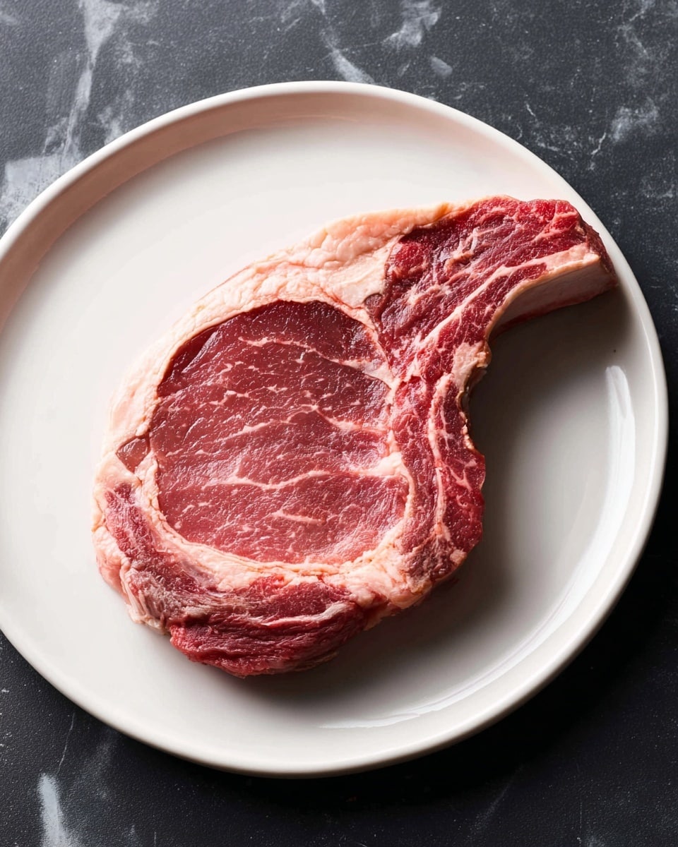 A single raw steak with a visible bone lies flat in the center of a round white plate. The steak has layers, with the outermost layer consisting of white fat surrounding the deep red meat. The meat itself shows detailed texture with natural marbling in light pink and red tones. The bone is a light ivory color with a slightly darker edge where it meets the meat. The plate rests on a white marbled texture surface. photo taken with an iphone --ar 4:5 --v 7