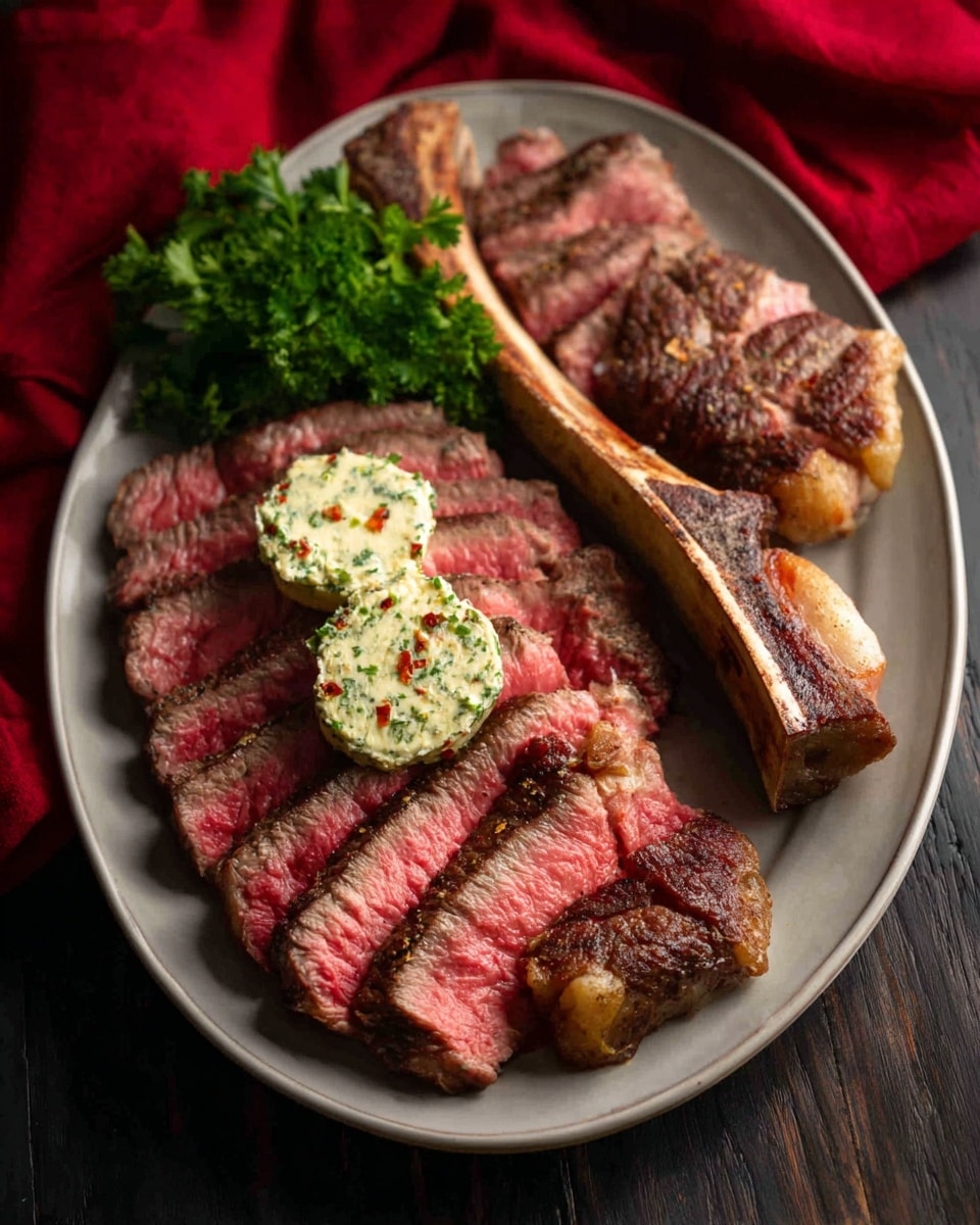 A large cooked steak with a dark brown grilled texture is placed in the center of a large oval gray plate. On top of the steak are two round white pats of butter sprinkled with small green, red, and black seasoning bits. A small bunch of green parsley leaves is tucked on the top edge of the steak on the plate. The plate is set on a dark wooden table with a red cloth napkin near the right side, a fork and knife resting beside it. On the left side of the image, part of another white plate with green beans and a baked potato topped with butter can be seen. The whole scene sits on a white marbled surface. photo taken with an iphone --ar 4:5 --v 7