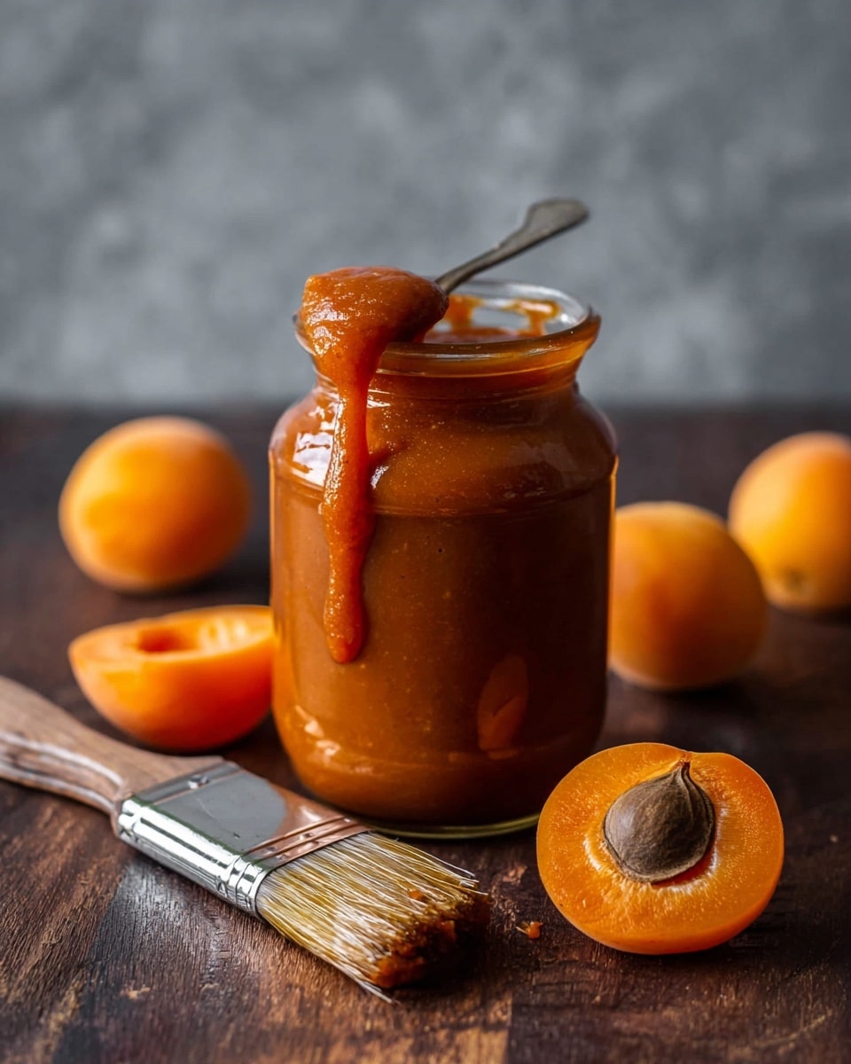 A clear jar filled with thick orange-brown sauce, with some sauce dripping down the side and a silver spoon inside. Around the jar are whole apricots and halved apricots showing bright orange flesh and a dark brown pit. In the foreground, a brush with sauce on its bristles lays on a dark wooden table, all set against a soft gray background. photo taken with an iphone --ar 4:5 --v 7