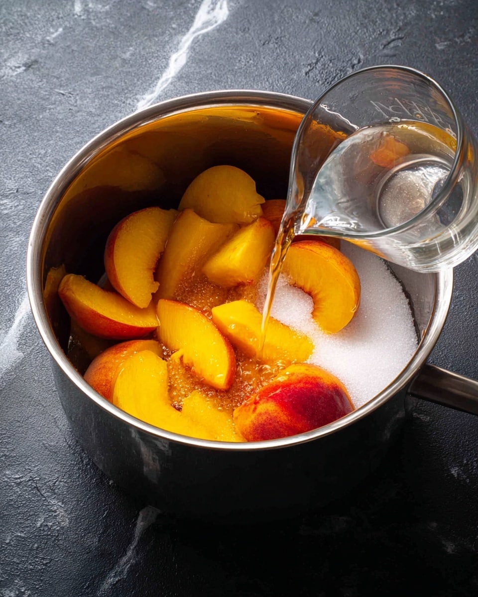 A shiny silver pot is shown from above, filled with thick slices of bright yellow and orange peaches placed on a layer of white sugar, while clear water is being poured in from a reflective metal measuring cup on the right side; the pot sits on a dark textured surface replaced with a white marbled texture for contrast, highlighting the soft fruit and crystalline sugar inside the pot. photo taken with an iphone --ar 4:5 --v 7