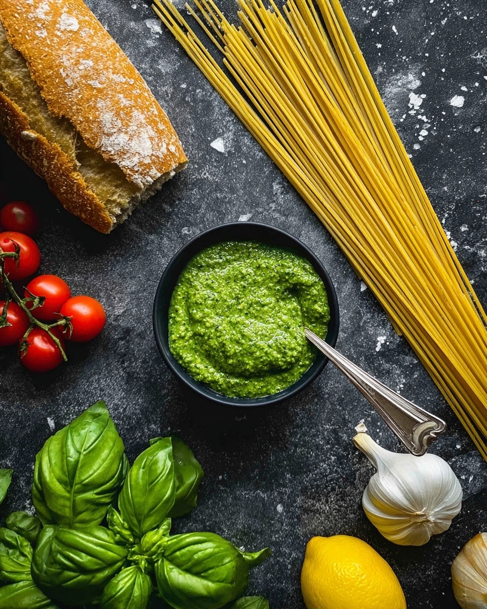 The image shows a dark textured surface with several ingredients for making pesto pasta arranged on it. There is a small black bowl filled with a thick, bright green pesto sauce with a silver spoon inside it. Above the bowl, there are several strands of uncooked yellow pasta, like spaghetti, placed diagonally across the frame. To the left, there are a few small, bright red cherry tomatoes and a rustic piece of bread with a golden crust. On the bottom left are fresh green basil leaves, and to the right, there is a whole yellow lemon and a bulb of white garlic. The background is changed to white marbled texture as requested. photo taken with an iphone --ar 4:5 --v 7