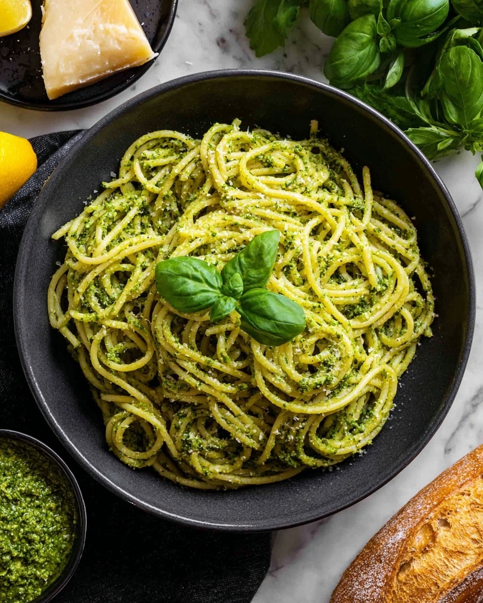A close-up view of a black bowl filled with bright green pesto sauce showing a textured swirl on the surface with visible bits of herbs and nuts. Around the bowl, fresh green spinach leaves lay on a white marbled surface. On the right side, part of a bright yellow lemon and a whole white garlic bulb are visible, adding color contrast. Small nut pieces are scattered near the bowl, complementing the natural look. The overall image has a fresh and vibrant feel with rich green and yellow tones. photo taken with an iphone --ar 4:5 --v 7