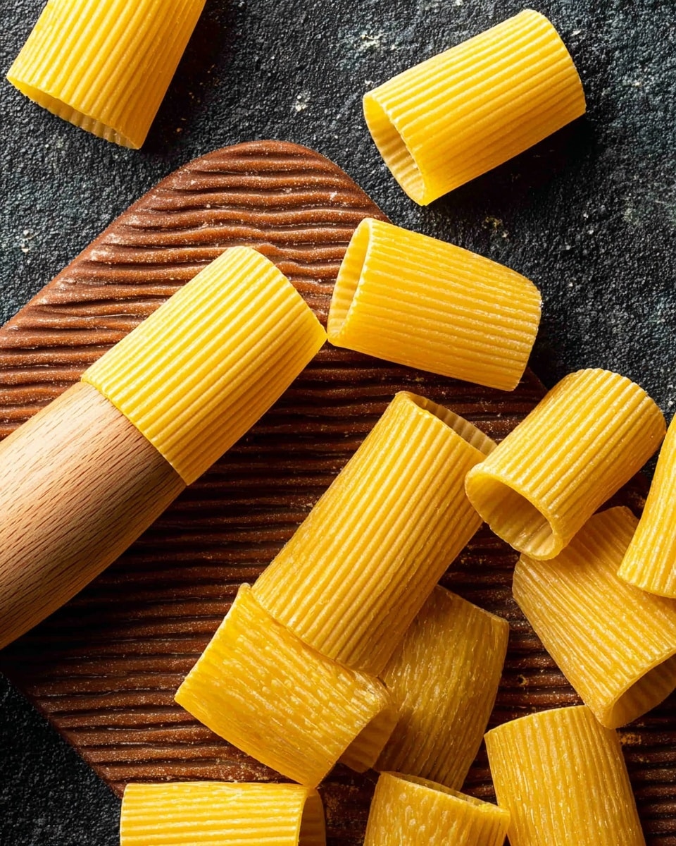 The image shows several pieces of uncooked rigatoni pasta scattered on a dark textured surface, with a wooden ridged board and a wooden stick used to shape the pasta. One piece of pasta is wrapped around the stick, showing its hollow tube shape and ribbed texture in bright yellow color. The background is changed to a white marbled texture. photo taken with an iphone --ar 4:5 --v 7