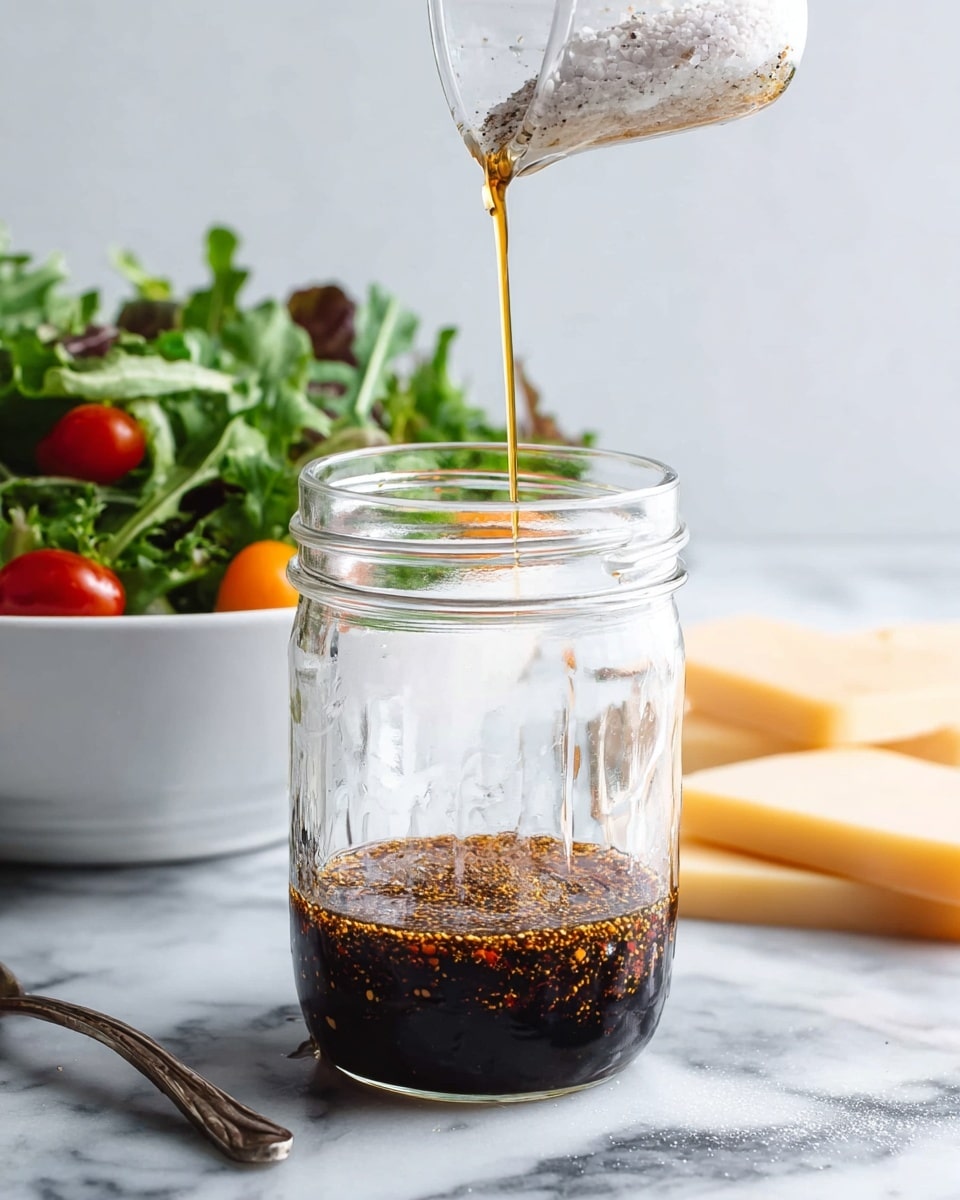 A clear glass jar is filled about one-third with a dark, thick liquid at the bottom, showing some tiny mustard seeds or spices inside. Above the dark layer, a stream of salt and black pepper is being poured into the jar from above. In the background, blurred but visible, is a white bowl full of green leafy salad with small red and orange cherry tomatoes, all placed on a white marbled surface. There are also two pieces of light yellow cheese with a textured surface resting nearby. photo taken with an iphone --ar 4:5 --v 7