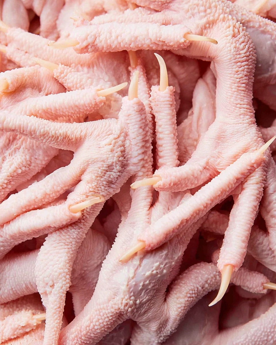 A close-up image showing many raw chicken feet piled together, each foot pale pink with a textured, bumpy skin surface. The feet have visible small claws at the tips and show folds and creases on the skin, creating a rough, uneven look. The scene is tightly framed to fill the entire view with the chicken feet, all resting on a white marbled surface. photo taken with an iphone --ar 4:5 --v 7