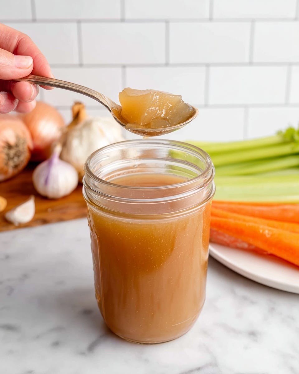 A clear glass jar is filled with light brown jelly broth that has chunks of translucent gelatin floating inside. A woman's hand is holding a spoon lifting a large, shiny piece of the jelly broth above the jar, showing its smooth and slightly wobbly texture. In the background, on a white marbled surface, there is a white plate with onions and garlic, green celery sticks, and orange carrots visible. The setting is bright with a white tiled backsplash behind the ingredients. Photo taken with an iphone --ar 4:5 --v 7