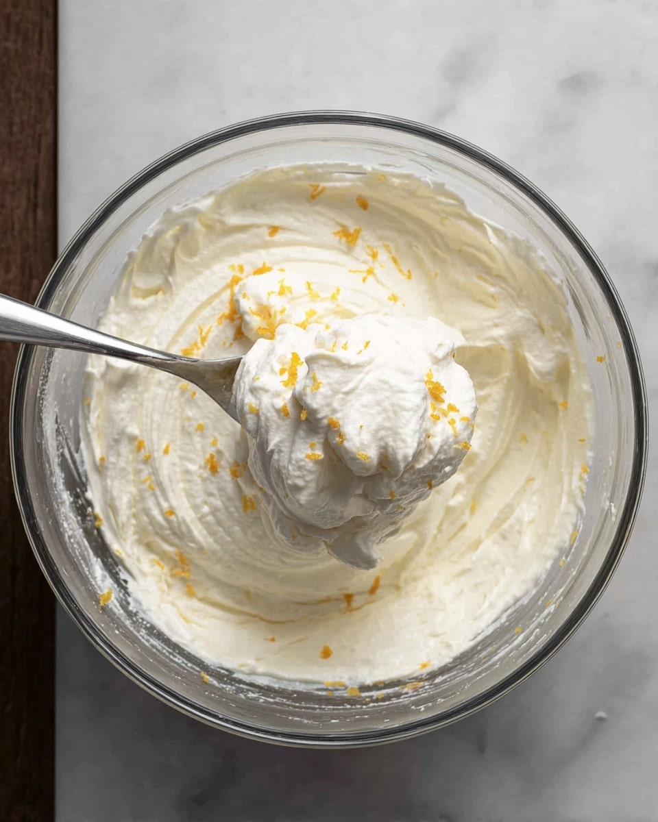 A clear round mixing bowl filled with a thick, creamy white mixture that has a smooth and slightly fluffy texture, with small bits of orange zest mixed in and scattered lightly around the inside of the bowl. A shiny metal spoon lifts a dollop of the mixture from the center, showing its dense and whipped consistency. The bowl sits on a white marbled surface, and the photo is taken from directly above, highlighting the creamy texture and slight peaks of the mixture. photo taken with an iphone --ar 4:5 --v 7