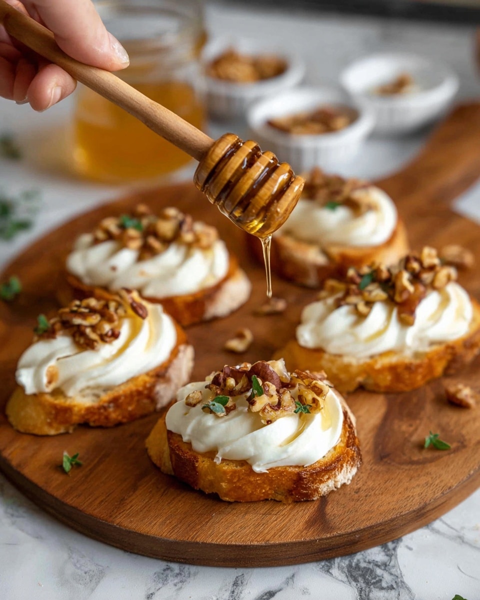 A wooden board holds several small toast slices, each topped with thick white cream swirled neatly on top, followed by a sprinkle of chopped nuts that are golden brown. Green small herb leaves are scattered above the cream, adding a fresh touch. The toast itself is warm golden brown with a slightly rough texture, and some drops of honey glisten on and around the toast. In the background, there is a clear jar of honey with a honey dipper resting inside, and fresh green herbs add a natural look. The scene is set on a white marbled surface. photo taken with an iphone --ar 4:5 --v 7