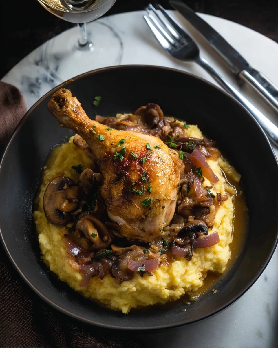 A dark bowl holds a layered dish starting with a creamy yellow base spread evenly at the bottom. On top, there are darker cooked mushrooms and pieces of small purple onions, adding depth in color and texture. The main focus is a large piece of golden brown cooked chicken with a crisp skin, positioned standing up with the leg bone pointing upwards. Small green herb bits are sprinkled lightly over the chicken and vegetables. The bowl rests on a white marbled surface, with a fork placed on a folded rusty orange cloth nearby. Photo taken with an iphone --ar 4:5 --v 7